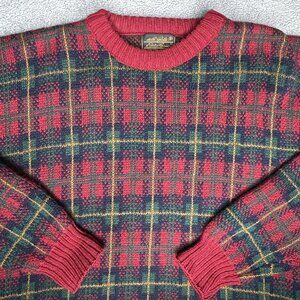 VINTAGE Eddie Bauer Sweater Mens M Red Green Tartan Plaid Crewneck Made USA 90s
